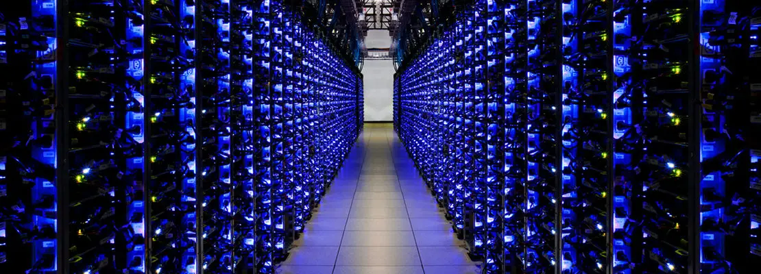 inside a data centre lots of blue lights